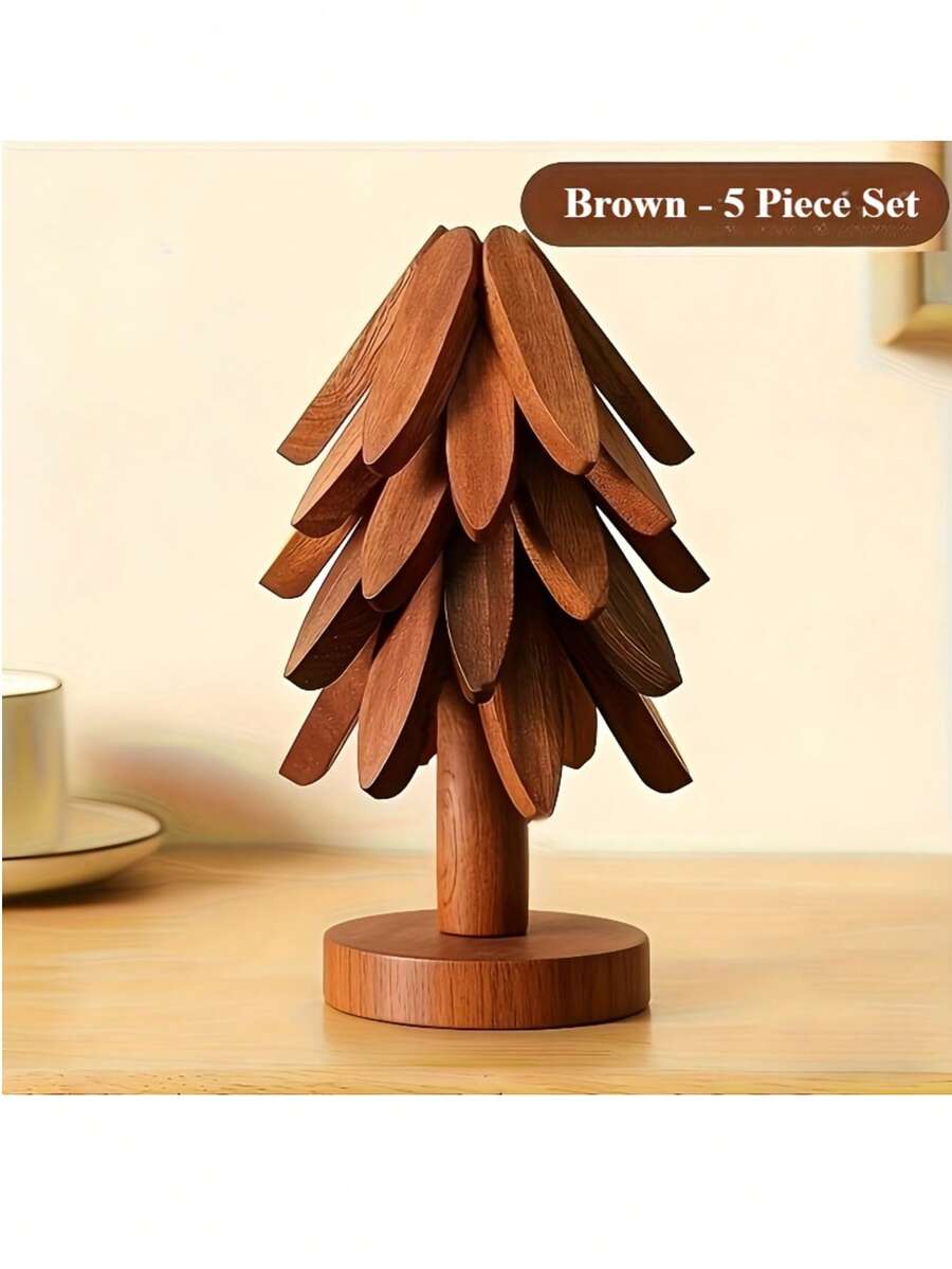 Salvamanteles con forma de árbol aislado, decoración opcional de hojas, estera de aislamiento de madera resistente al calor, salvamanteles resistente al calor, diseño de "árbol de Navidad" de madera, adecuado como soporte de ollas, posavasos y esterilla para hornear, diseño con forma de árbol, adecuado para vajilla resistente al calor - Multicolor - Ver 1