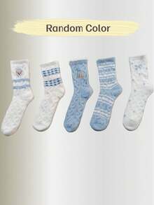 3 Pairs Winter Thick Warm Socks For Women, Blue Cartoon Bear Embroidery & Bow Design, Random Delivery - Multicolor - View 7