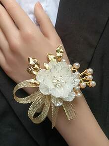 2pcs/1pc Elegant Shell Flower Ivory Color Alloy Brooch And Wrist Corsage, Suitable For Bride & Groom Wedding Decor, Formal Dinner, Party, Summer - Milky White - View 2