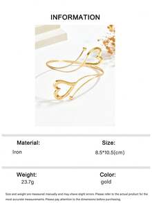1pc Fashionable Unique Hollow 3D Heart Open Adjustable Metal Cuff Bracelet Suitable For Music Festivals, Dance Parties And Events (Heart Direction Random) - Gold - View 7