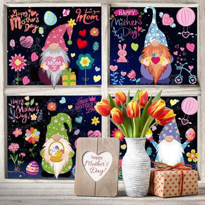 Bộ 9 miếng dán cửa sổ chủ đề Ngày của Mẹ, bao gồm hình người lùn, hoa, trái tim, decal dán kính tĩnh điện có thể tháo rời, thích hợp để trang trí phòng ngủ, phòng khách, ban công và cửa sổ trưng bày.