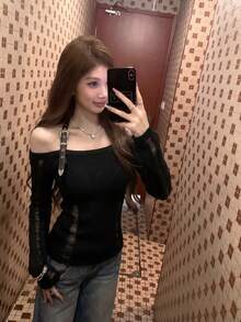 New Arrival Spring/Summer Slouchy Knit Sweater, Unique Design Fitted Hollow Out Cover Up For Women - Black - View 3