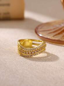 1 Stück Luxus Kubikzirkonia Wellen Ring für Frauen in Goldfarbe, geometrischer Ring, modischer Partyschmuck, Muttertags Geschenk - Gold - Übersicht 11