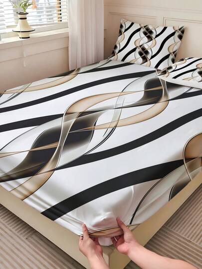 1件装现代2D波浪线印花床笠（1*床笠，不含床芯），黑金抽象漩涡印花床笠，简约几何图案床笠，适用于卧室装饰，柔软透气，适合多种床型 - 单人床、双人床、大号床、特大号床，深口袋设计，最大可达9.84英寸，是家居装饰爱好者的理想礼物，适合现代艺术装饰风格的卧室装饰