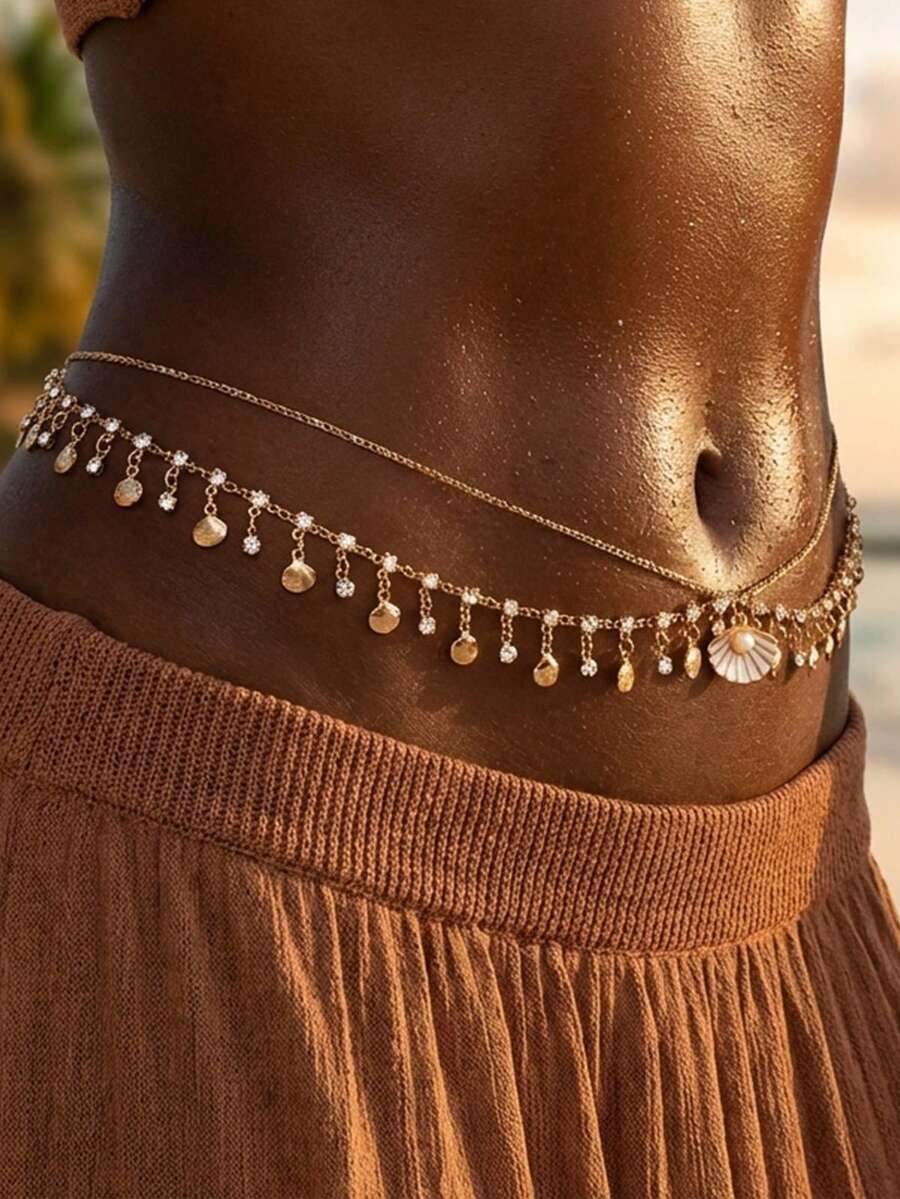 1pc Summer Beach Shell & Rhinestone Waist Chain, Women's Fashion Body Jewelry, Suitable For Street, Party And Beach Accessories - Gold - View 1