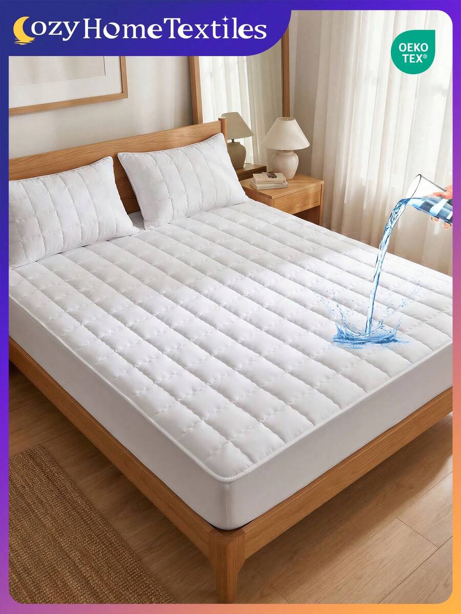 1pc Quilted Fitted Sheet, Solid Color Mattress Protector, Modern Fabric Deep Pocket Mattress Cover, Dustproof Bedspread For Bedroom And Guest Room, Fits Twin Full Queen King Size, Only Fitted Sheet Without Pillowcase, Machine Washable, Oeko-Tex Certified - White - View 1