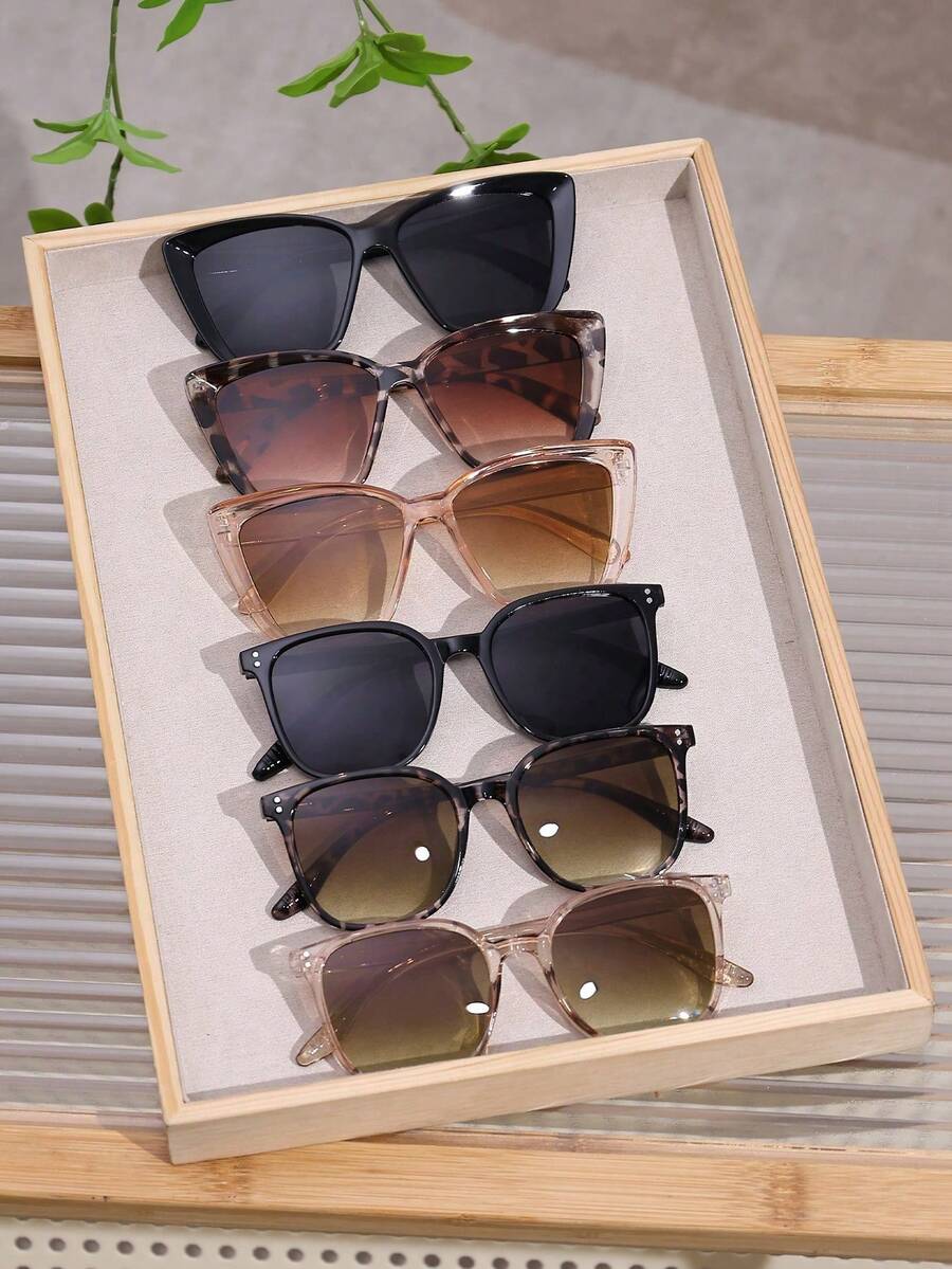 6pcs Cat Eye Rhinestone Oversized Plastic Glasses, Classic Elegant Casual Minimalist Fashion, Suitable For All Face Shapes, Outdoor, Tropical Beach, Vacation - 6pcs Black and White Leopard Print Translucent Tea - View 1