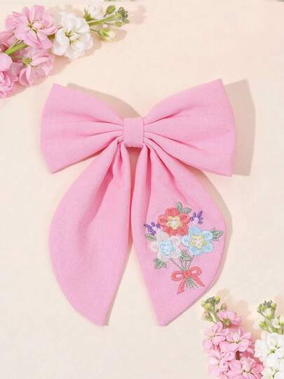 1pc Girls Embroidery Flower Bow Hair Clips With Tail, Elegant White Hair Bows, Mom And Daughter Matching Outfit, Mommy And Me Mother's Day Gift,Cute Embroidered Pink Hairpins For School Daily ,Spring & Summer Daily, Students Girls Hair Accessory