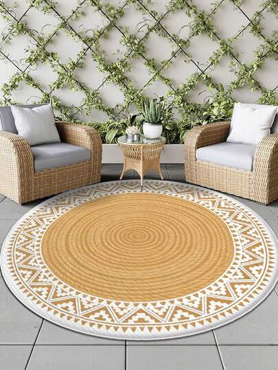 1 件超薄可水洗圆形绒毛地毯，简约清新花卉图案，适用于庭院、花园、房车露营、室内/室外使用，节日装饰地毯 | 自然外观地垫 | 庭院地毯