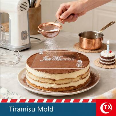 TX 1个透明亚克力提拉米苏粉撒花模板，可个性化定制“新婚快乐”和“订婚快乐”文字烘焙蛋糕装饰模具，镂空祝福设计模板，操作简便，图案清晰，可重复使用，适用于婚礼场地装饰、订婚、生日、蛋糕烘焙装饰、情人节和派对氛围装饰。