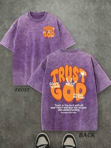 Plus-Size Christian Graphic T-Shirts For Men – "TRUST GOD", Colorful Graphic T-Shirts, Washed Vintage T-Shirts, Oversized Men's T-Shirts, 230g 100% Cotton, Unisex Tops, Summer Tops Plus Size, Summer Men's Street Style T-Shirts, Christian T-Shirts. - Màu tím  Violet - Xem 1