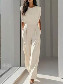 Elegant Casual Business Daily Commute Minimalist French Style Loose Wide Leg Jumpsuit, Chic Women's Jumpsuit - Apricot - View 4