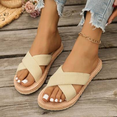 Women's Linen Slip-On Slippers, Woven Look, 1.5cm Heel, Non-Slip, Durable, Casual, Vacation, Beach, Summer, Flat Sandals