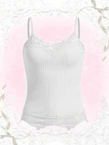 1 Piece White V-Neck Rib Knit Camisole With Delicate Lace Trim, Retro Chic Slim Fit Layering Top For Women, Versatile Basic Piece For Casual Daily Wear, Date Night, Evening Outings, Perfect Gift Choice For Valentine's Day, New Year Celebrations, Christmas Holidays, Birthday Presents, Anniversaries, Easy To Match With Jackets, Cardigans, Skirts And Jeans - 白色 - 查看 12
