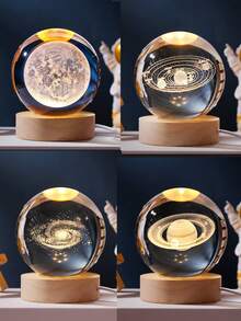 1pc USB Powered 3D Illuminated Glass Crystal Ball LED Night Light With Wooden Base, Home & Room Decor Night Lamp, Solar System, Moon, Galaxy, Saturn Pattern 3D Night Light, Indoor Desk Lamp, Back To School Or Birthday Gift For Friends And Classmates, Nursery Decor Light, Baby Shower Party Home Decor Gift - trong suốt - Xem 1