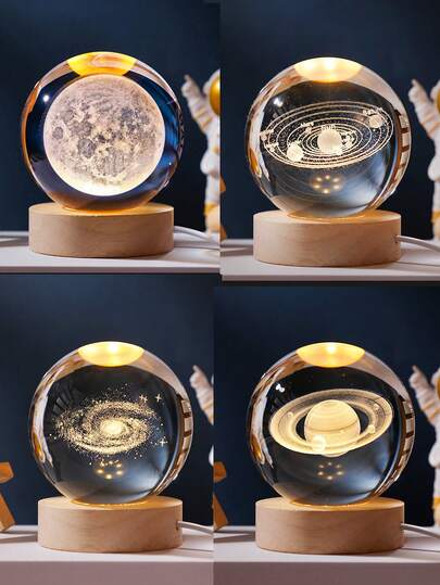 1pc USB Powered 3D Illuminated Glass Crystal Ball LED Night Light With Wooden Base, Home & Room Decor Night Lamp, Solar System, Moon, Galaxy, Saturn Pattern 3D Night Light, Indoor Desk Lamp, Back To School Or Birthday Gift For Friends And Classmates, Nursery Decor Light, Baby Shower Party Home Decor Gift