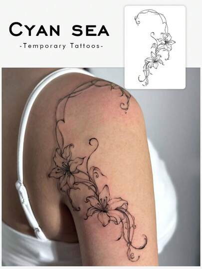 1张临时纹身贴纸，优雅花藤图案，可水洗，PVC材质，一次性使用，防水防汗，适用于手臂和背部，不反光，逼真，适合个人日常使用，可持续3-5天。