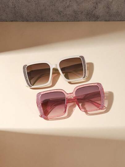 2 PIEZAS Gafas de moda para niñas de 4 a 8 años, con marco cuadrado decorado con brillo, marco de PC ligero, estilo cuadrado dulce, ideal para sesiones de fotos, viajes a la playa y uso diario con estuche para gafas