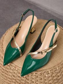 WHDXY Glossy Green Thin Heel Ankle Strap Shoes, Unique Asymmetric Heel Pointed Toe Shoes, Versatile High Heel Sandals For Party & Work - Green - View 5