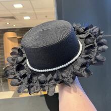 Sweet-Style Pearl Lace Straw Hat For Women, New Spring/Summer Wide-Brimmed Outdoor Sun Protection Hat, White Fedora Suitable For Use On The Beach And In Outdoor Activities. - 黑色 - 查看 9