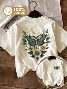 Summer Tops Plus Size Double-Sided Print Moths And Floral Patterns T-Shirt, Comfortable & Breathable, Perfect For Daily Outfits & Casual Attire, Ideal Gift - Apricot - View 1