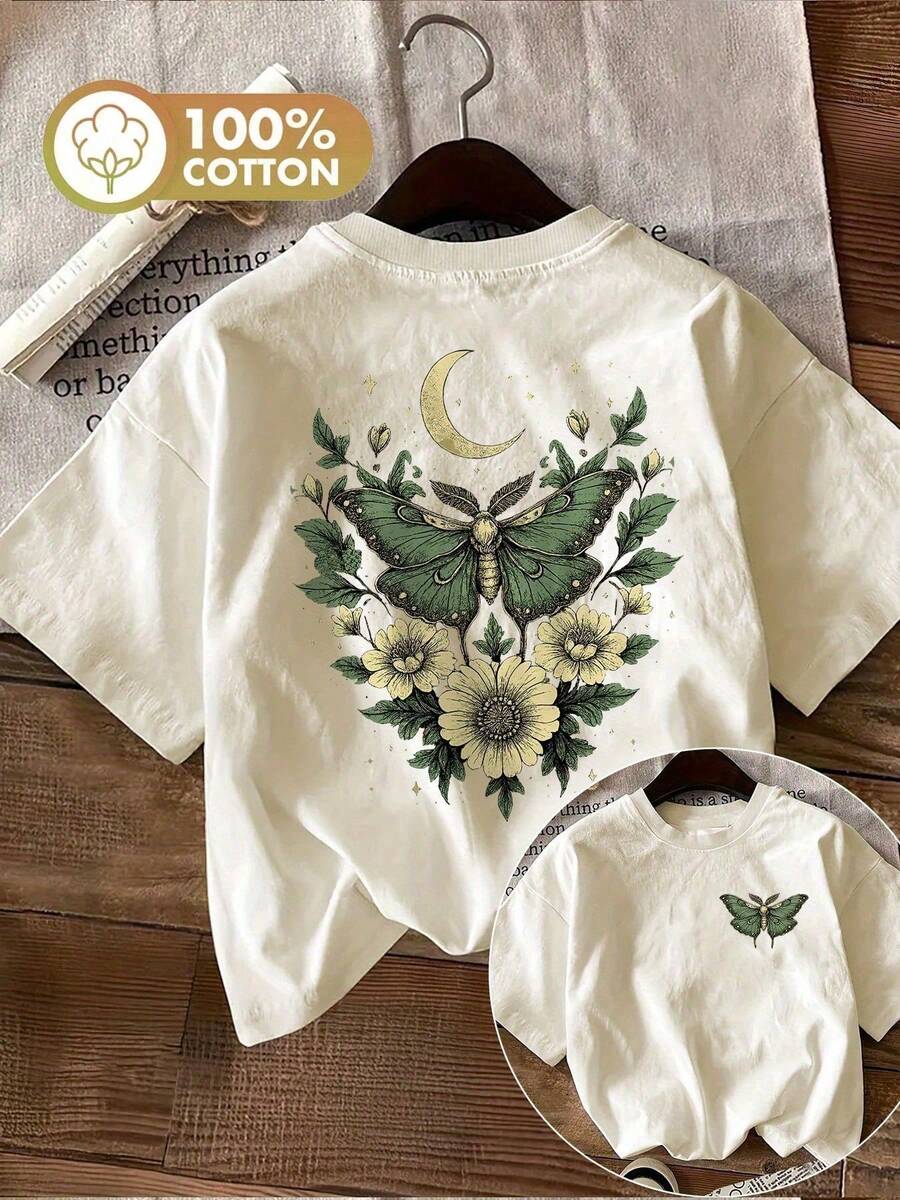 Summer Tops Plus Size Double-Sided Print Moths And Floral Patterns T-Shirt, Comfortable & Breathable, Perfect For Daily Outfits & Casual Attire, Ideal Gift - Apricot - View 1