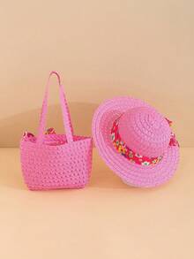 2pcs/Set Girls Floral Bucket Hat & Floral Bag, Suitable For Girls Spring/Summer Outings And Vacations, Daily Wear Sun Protection - Hot Pink - View 2