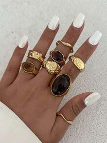 8pcs Vintage Geometric Jade Inlaid Ring Set, Women's Chunky Metal Gold Color Rings, Suitable For Women's Daily And Party Decoration, Gift Jewelry Set - 黃金 - 查看 12