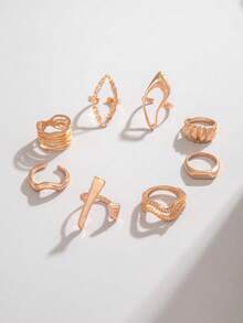 8pcs/Set Punk Style Asymmetrical Geometric Rhombus Open Ring Set, Suitable For Women Daily Stacking Rings Gift - Multicolor - View 4