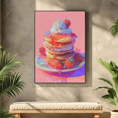 Pink Strawberry Cake Retro Y2K Breakfast Theme Framed Canvas Print, Modern Art Style, Suitable For Bedroom, Living Room, Hallway, Room, Kitchen And Dorm Decoration, Ideal Gift Choice.