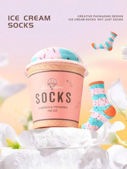 一双超值多彩中筒袜，男女款均有，情侣礼盒套装，柔软新颖的冰淇淋图案，充满奇思妙想的美食灵感创意设计，舒适百搭，适合作为生日礼物。