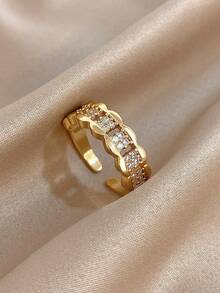 18K Gold Plated Copper Double-Layer Color-Block Zirconia Open Gold Ring For Women, Gold Plated Ring, Jewelry Set, Suitable For Daily Wear, Festivals, Parties, Dating, Beach, Easter, Mother's Day, Summer Jewelry, Valentine's Day Gifts, Gifts For Mom, Bohemian Style Jewelry - Multicolor - View 3