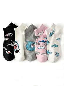 5 Pairs Unisex Spring/Autumn Crew Socks, Unique Cartoon Shark Low-Cut Breathable Slip-On Socks - Multicolor - View 1