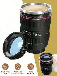 400ml Stainless Steel Travel Coffee Mug With Lid, Camera Lens Shaped, Black Couple Design, Ideal Gift For Photography Enthusiasts - Black - View 1