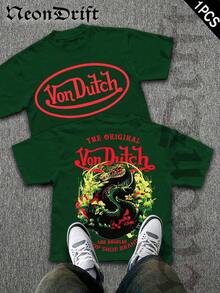 2026 New Arrival Unisex  Snake Graphic T-Shirt, Summer Cotton Pink Crew Neck Short Sleeve Oversized Tee, Vintage Los Angeles Chop Shop Print Casual Top For Streetwear & Y2K Outfits, Camiseta De Cuello Redondo - Forest Green - 查看 1