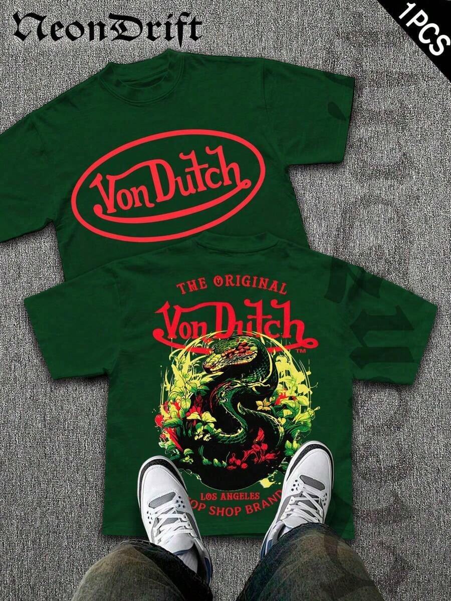 2026 New Arrival Unisex Snake Graphic T-Shirt, Summer Cotton Pink Crew Neck Short Sleeve Oversized Tee, Vintage Los Angeles Chop Shop Print Casual Top For Streetwear & Y2K Outfits, Camiseta De Cuello Redondo - Forest Green - 查看 1