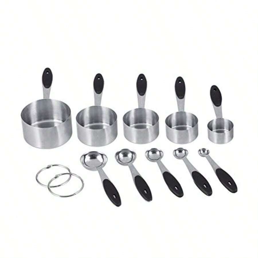 Juego de tazas y cucharas medidoras Yosoo 5 tazas y 5 cucharas de acero inoxidable plateado con mango de silicona y juntas tóricas fácil almacenamiento y limpieza - Acero inoxidable - Ver 1