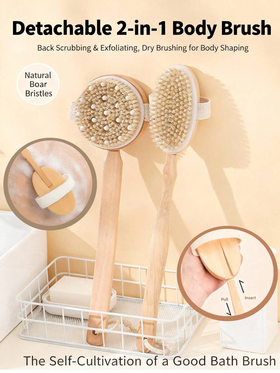 1 Conjunto Escova de Limpeza Corporal com Alça Longa Destacável, Inclui Escova de Chuveiro, Escova Seca, Escova Massageadora de Pés e Costas, Esfoliação Suave, Adequado para Chuveiro e Banho, Presente de Verão