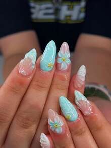 24pcs Long Almond-Shaped 3D Gel Nail Stickers, Ocean & Floral Nail Art, Decorated With Seashells And Pearls, French Tip Design, Short Full Cover Fake Nails Set, Includes: 1pc Jelly Gel And 1pc Nail File - Multicolor - View 2