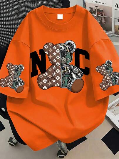 大码女式可爱小熊与未来主义图案印花短袖T恤，休闲百搭，适合户外、学生、教师、通勤等场合，风格优雅，夏季日常穿着