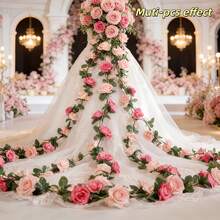 5米/2条装人造双层粉色玫瑰藤蔓花环，适用于情人节、派对、婚礼、生日拱门装饰、婚礼装饰、DIY装饰、母亲节花园装饰、门窗装饰、墙面装饰、礼品包装装饰、家居装饰，经久耐用且柔韧，持久开花不褪色。 - 彩色 - 查看 8