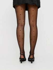 Black Heart Print Sheer Tights - Romantic Love Pattern, Sexy Transparent & Everyday Essential - Black - View 4