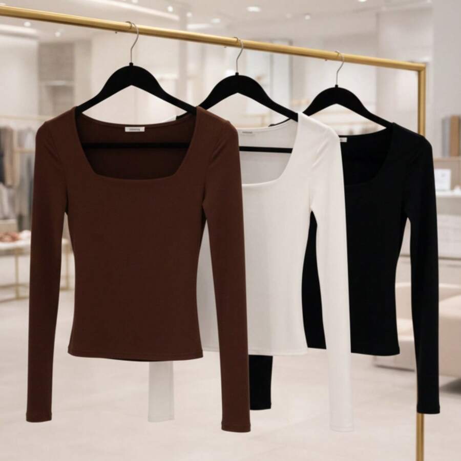 Women's Basic Long-Sleeve Blouse With Square Neckline, Shaping Effect, Soft Supplex Fabric, Lined With Elastane, Casual Fashion, Versatile And - 白咖啡 黑咖啡 - 查看 1
