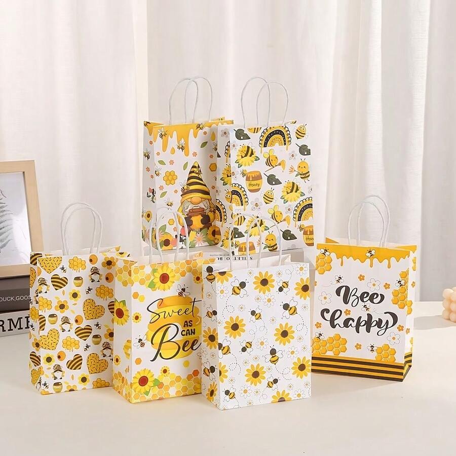 6个蜜蜂雏菊礼品袋,牛皮纸手提袋,蜂巢图案,印有“甜如蜜”和“你真是太棒了”字样,多种尺寸派对礼品袋,适用于生日、婚礼、春夏活动、圣诞节、万圣节等场合。 - 查看 1