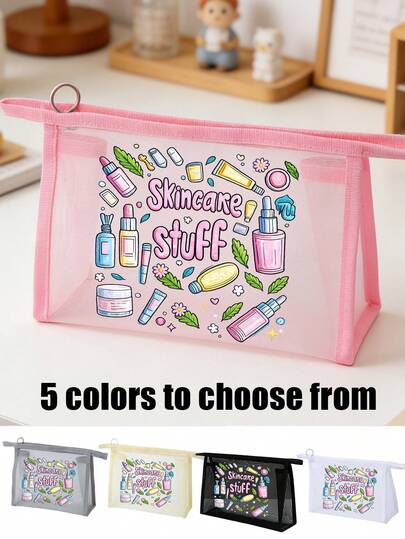 Sac cosmétique en maille avec motif de masque facial cosmétique, avec le motif de lettres "Skincare Stuff", sac cosmétique multifonctionnel pour pinces, bandeaux, coussin d'air rouge, sac de rangement portable, sac à maquillage, sac de soins de la peau, accessoires de voyage, fournitures de dortoir, rangement de salle de bain, rangement de bijoux, sac de rangement pour huile à lèvres et cosmétiques, trousse de fournitures scolaires, sac à maquillage, accessoires de vacances, rangement de maquillage, cadeaux de mariage pour la mariée, cadeaux pour la mère, cadeaux d'anniversaire, cadeaux pour les amis et les enseignants
