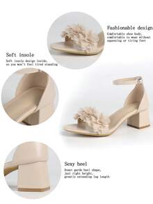 Women's Blue 3D Floral Decor Square Toe Thick Strap Chunky Heel Sandals, Fashionable Daily Wear, Spring/Summer - Apricot - View 10