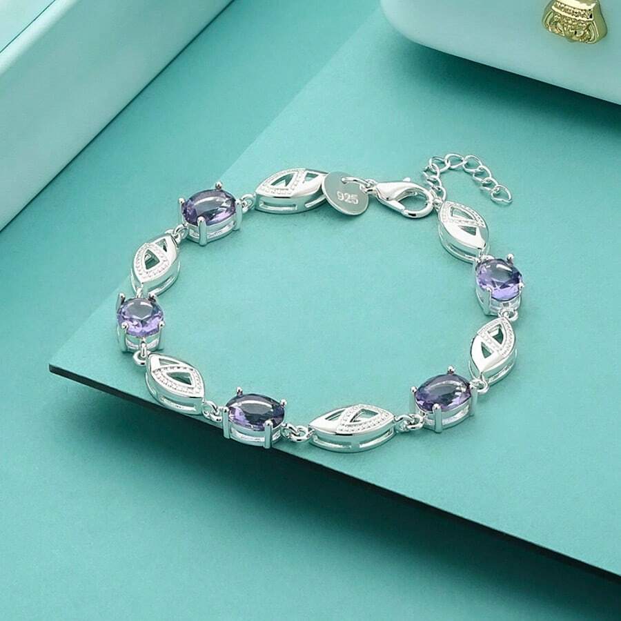 Vòng tay dây chuyền pha lê tím mạ bạc 925 dành cho nữ, trang sức thời trang dự tiệc cưới, bán sỉ. - Bạc - Xem 1