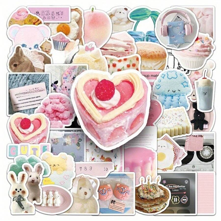 50张盐基疗愈风格系列卡通涂鸦贴纸，适用于DIY手册、行李箱、头盔、桌面、马克杯、笔记本等。 - 方形 - 查看 1