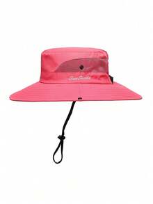 1件装女士夏季遮阳帽沙滩帽宽檐户外防紫外线帽可折叠透气网眼马尾辫渔夫帽 - 英文刺繡馬尾漁夫帽 - 查看 13