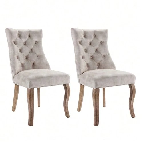 4-Legged Chair, Beige Velvet Dining Chair, High Backrest, With Button Tufting, Solid Wood Frame, (Set Of 2) - 淺灰色 - 查看 1